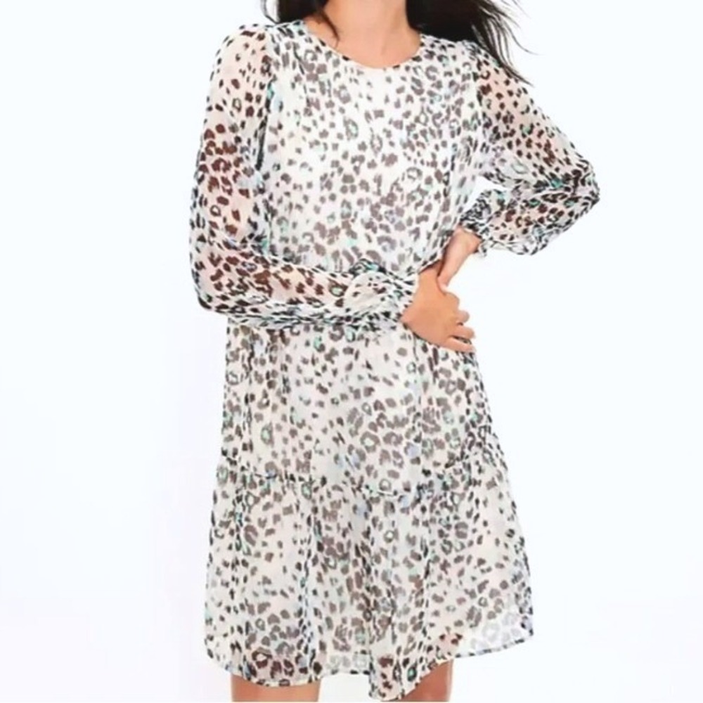 LOFT Women's Small White Blue Grey Metallic Animal Leopard Print Mini Dress